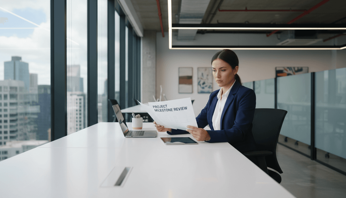 Business professional reviewing HR compliance documents in a clean modern office