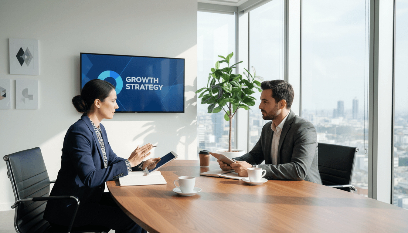 HR consultant meeting with a client in a bright modern office