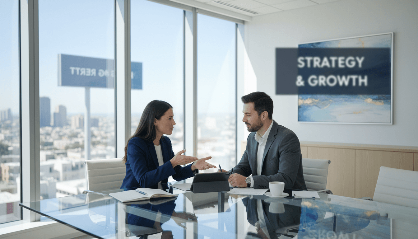 HR consultant meeting with a client in a bright, modern office