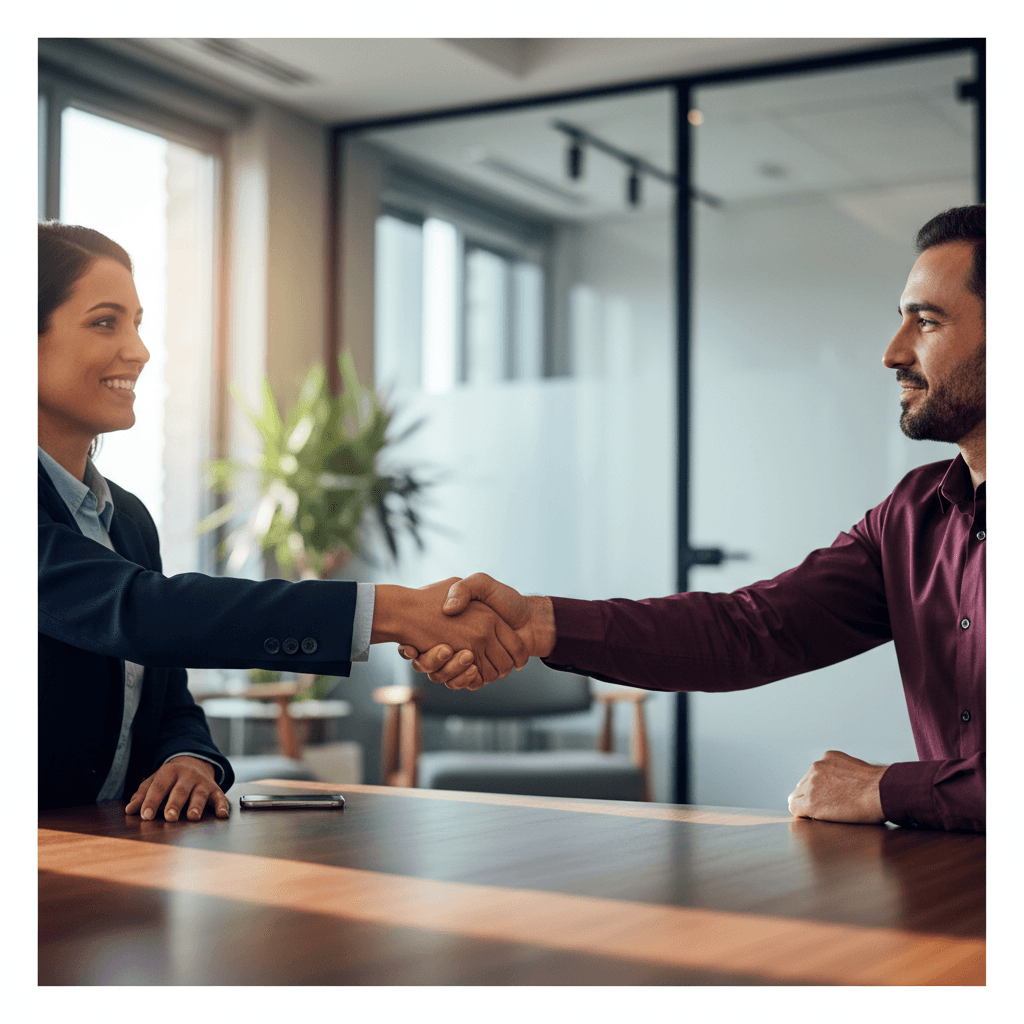 Professional handshake during a business meeting in a bright modern office