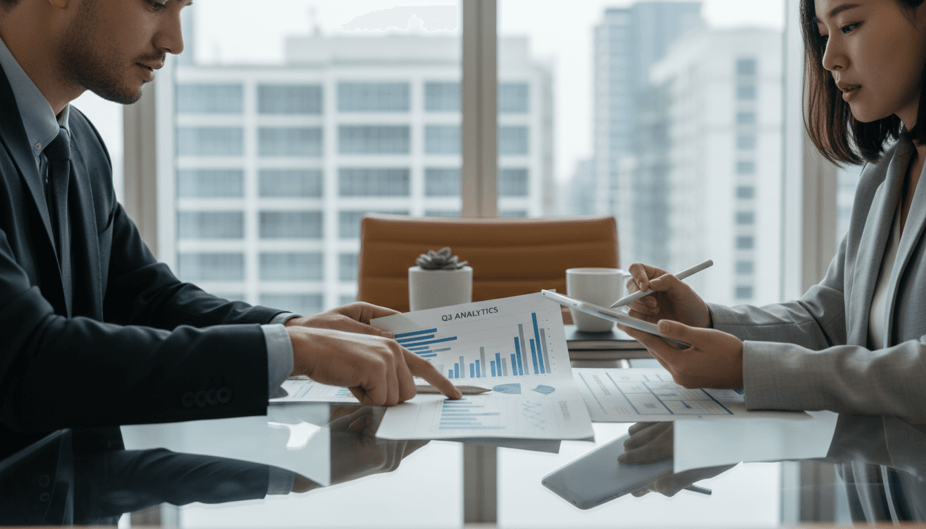 Two professionals in a thoughtful consultation inside a bright office