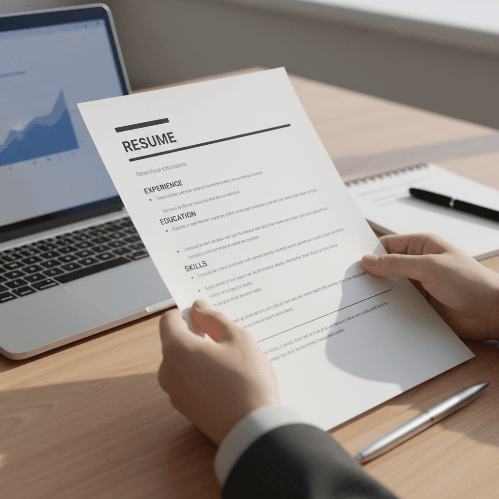 Professional reviewing a polished resume on a bright desk