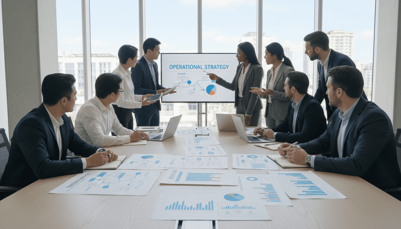 Business consultant leading a strategic planning meeting with a small team in a bright office